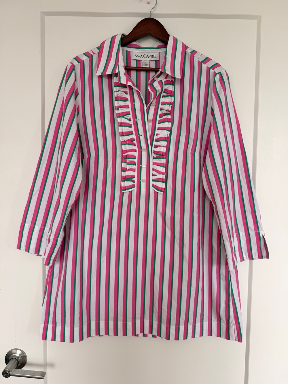 Sara Campbell Striped Button Dress in Pink, Green & White Like New